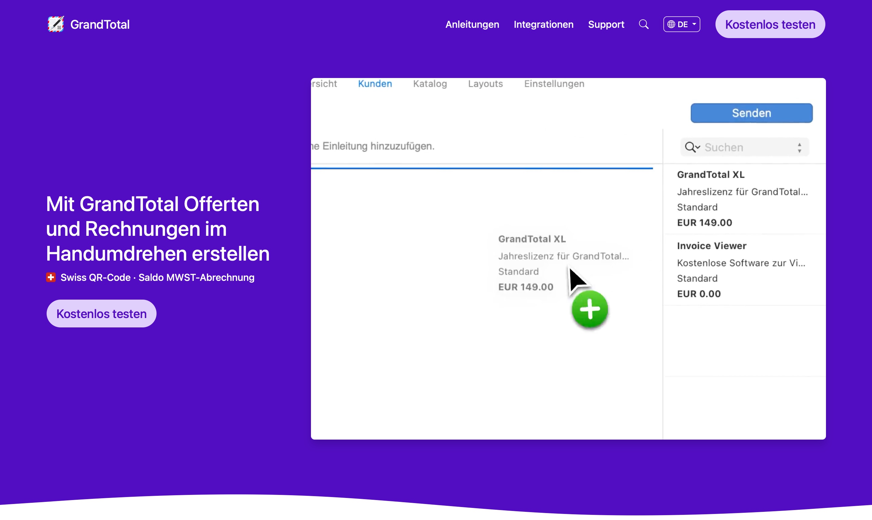 The GrandTotal website: a purple page with the invoicing app shown on it